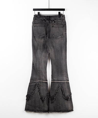 【 ２color ／ ４size 】クロスデザインヴィンテージライクフリンジストレッチフレアデニム ／ cross design vintage-like fringe stretch flare denim