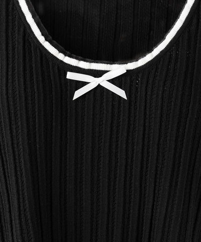 【 ２color 】ミニリボンオープンネック半袖ニットトップス ／ mini ribbon open neck short sleeve knit tops