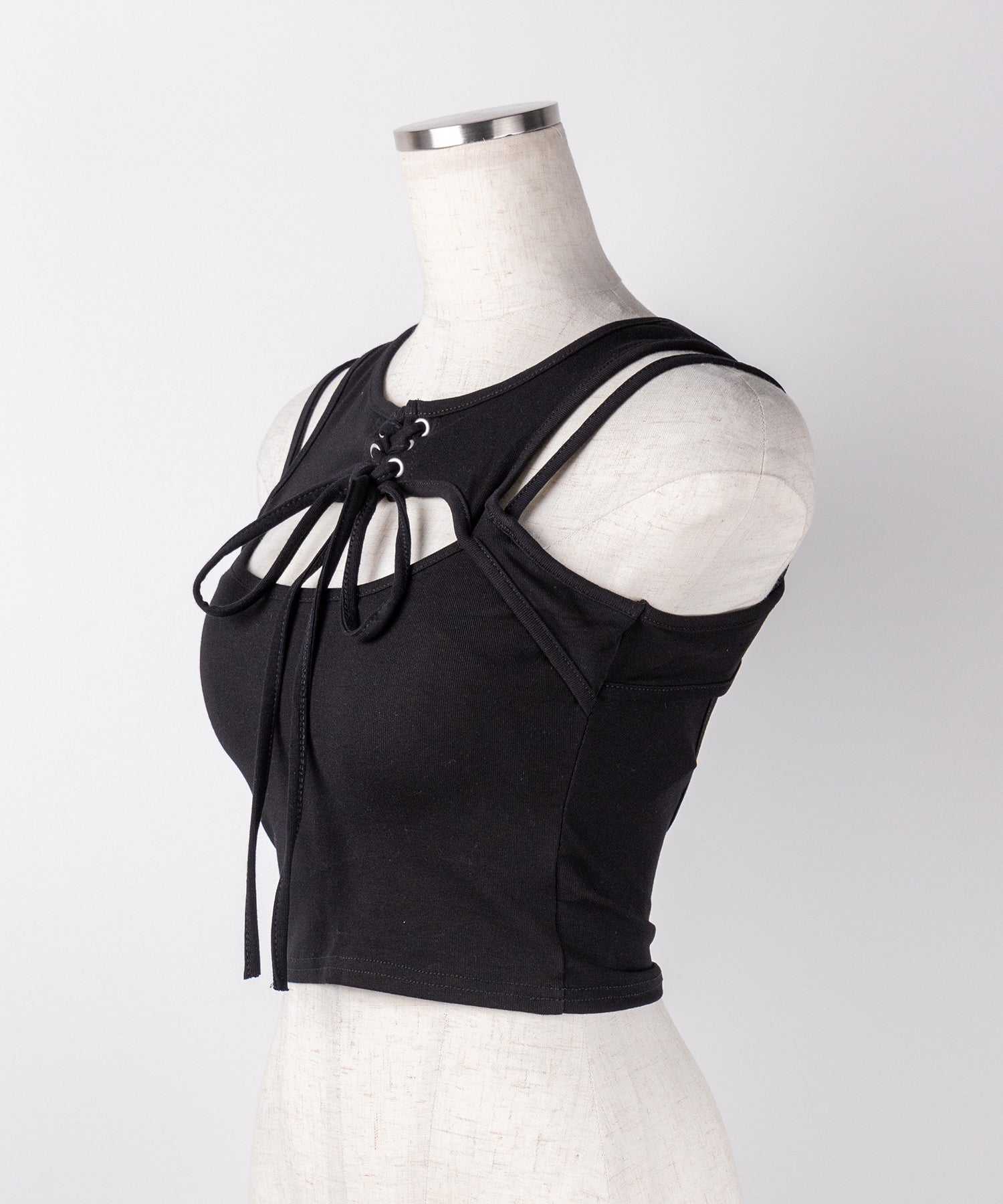 【 ２color 】レースアップリボンカットアウトリブショートタンク ／ laceup ribbon cutout rib short tank