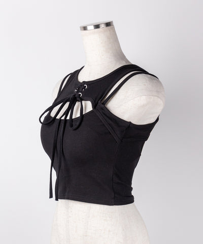 【 ２color 】レースアップリボンカットアウトリブショートタンク ／ laceup ribbon cutout rib short tank