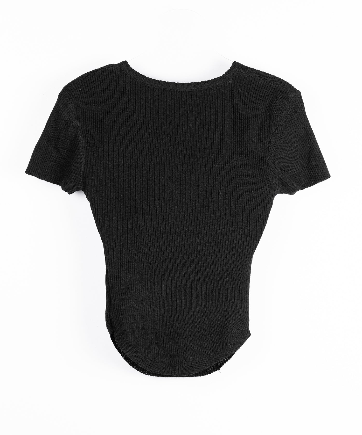 ヘンリーネックタイトフィット半袖リブニットトップス ／ Henley neck tight fit short sleeve rib knit tops