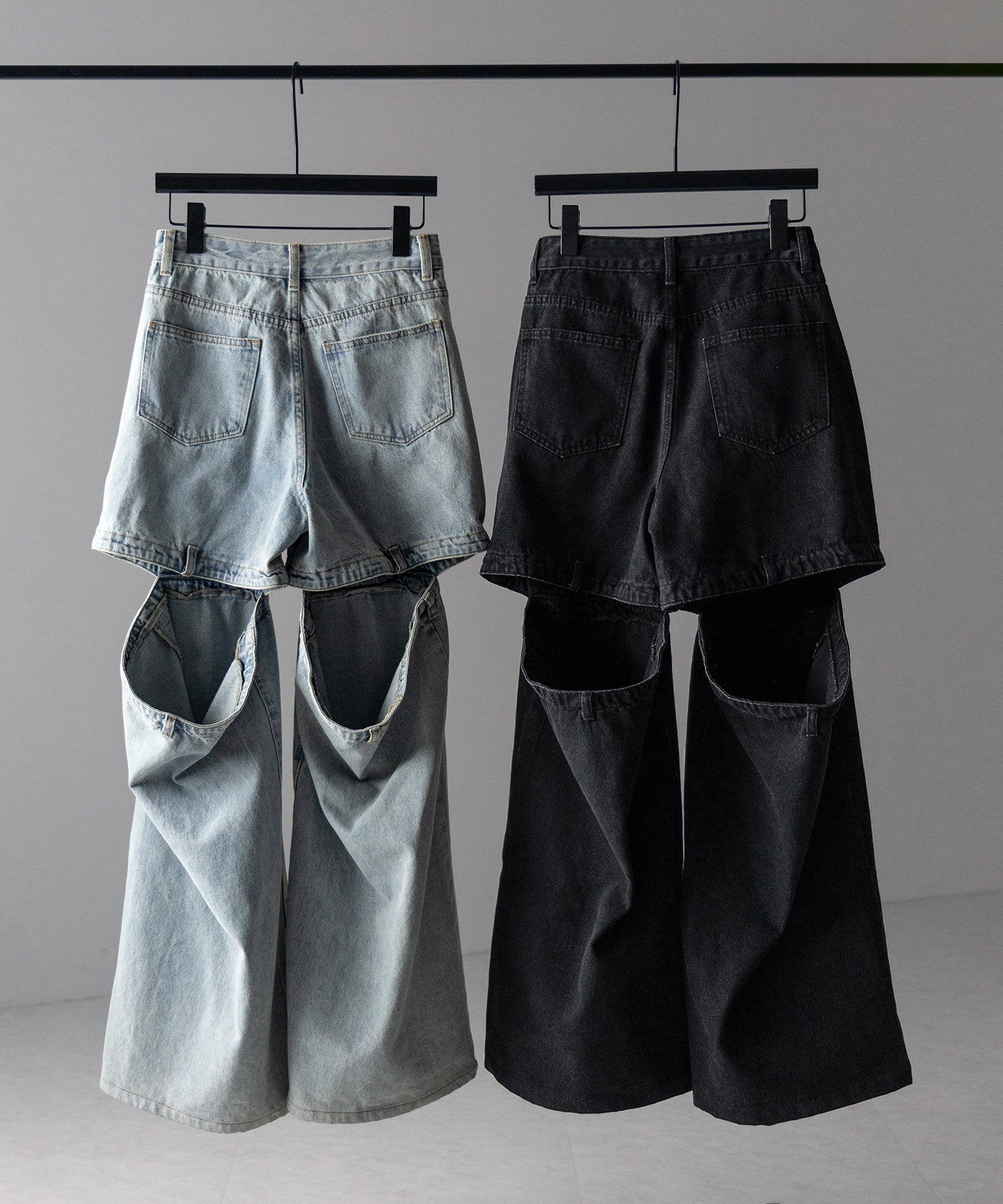 【 選べる３サイズ 】バックオープンカットアウトウォッシュワイドデニム ／ Back open cutout washed wide denim