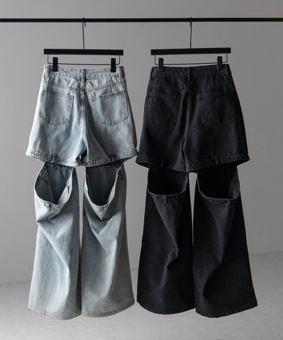 【 選べる３サイズ 】バックオープンカットアウトウォッシュワイドデニム ／ Back open cutout washed wide denim