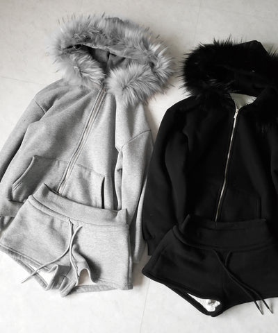 【 セットアップ 】裏起毛ファーフードオーバージップパーカー＆スウェットショートパンツ ／ Urakimo fur over zip hoodie ＆ sweat short pants SETUP
