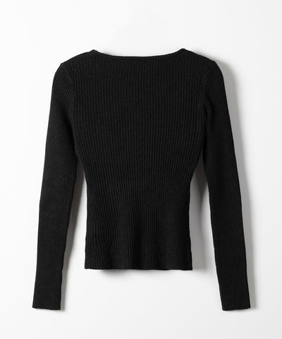 フロントボタンヘンリーネックスリムリブニット ／ Front button henley neck slim rib knit