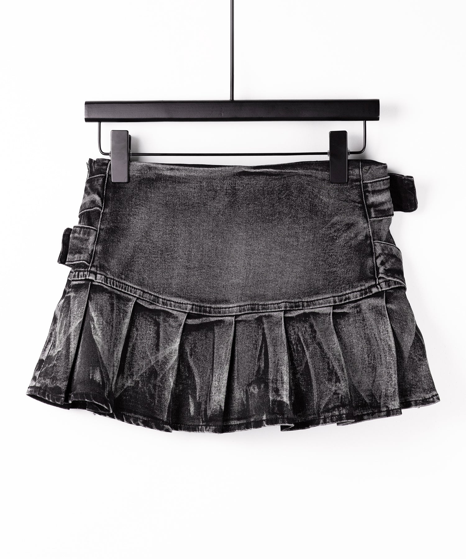 【 インパン裏地付 】ダブルベルトヴィンテージデニムプリーツミニスカート ／ double belt vintage denim pleats mini skirt