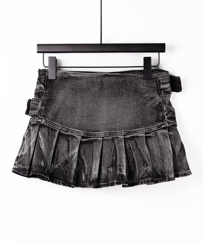 【 インパン裏地付 】ダブルベルトヴィンテージデニムプリーツミニスカート ／ double belt vintage denim pleats mini skirt