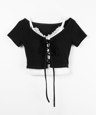 半袖レースアップリボンショートトップス ＋ レースキャミ SET ／ lace up ribbon short sleeve tops + lace cami SET