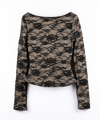 【 裏起毛 】フロントリボンレースレイヤードスクエアネックトップス ／ urakimo front ribbon lace layered square neck