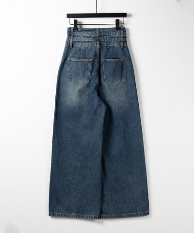 【２color ／４size 】カットアウトダブルハイウエストワイドデニム ／　cutout double high waist wide denim