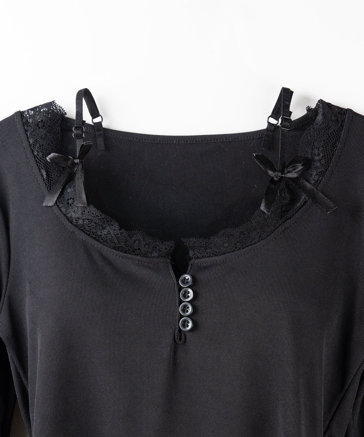【 ２color 】ストラップダブルリボンレースカットソートップス ／ strap double ribbon lace cutsew tops