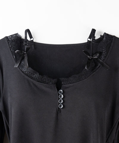 【 ２color 】ストラップダブルリボンレースカットソートップス ／ strap double ribbon lace cutsew tops