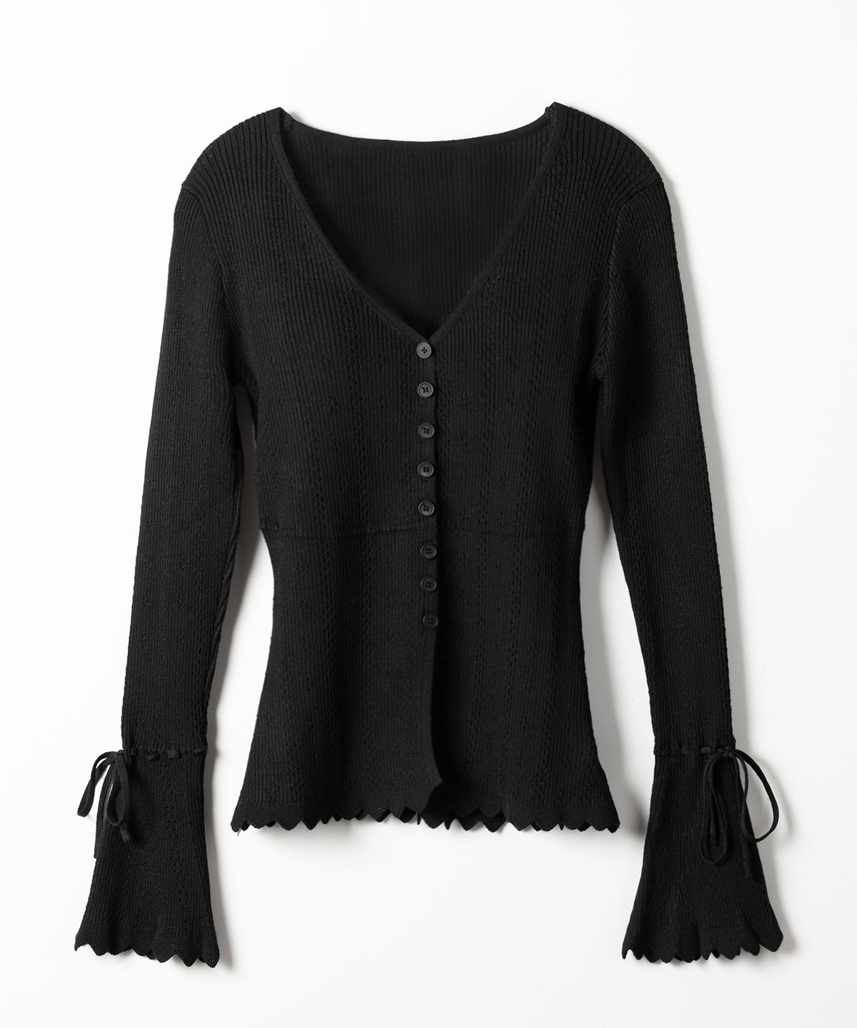 フレアリボンスリーブ透かし編みニットカーディガン ／ flare ribbon sleeve openwork knit cardigan