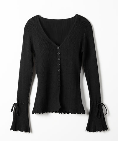 フレアリボンスリーブ透かし編みニットカーディガン ／ flare ribbon sleeve openwork knit cardigan
