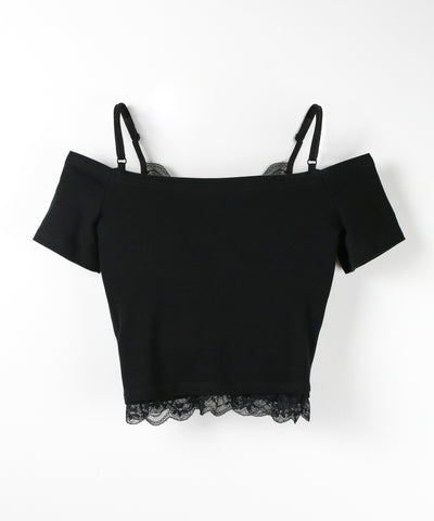 レースドッキングシャーリング半袖オフショルトップス ／ lace docking shirring short-sleeved off-shoulder tops