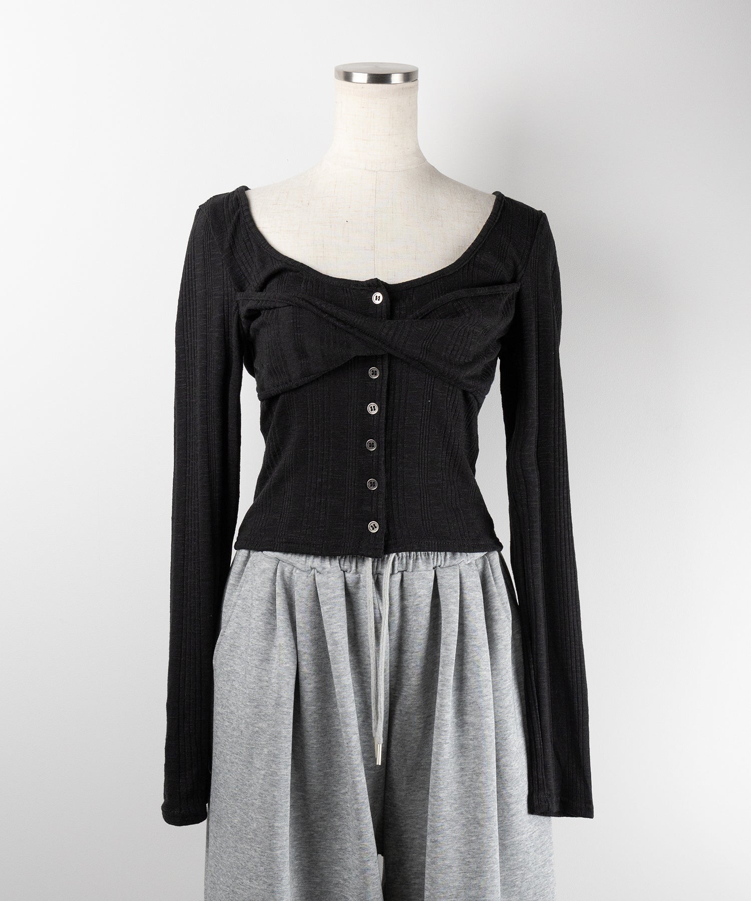 【 ３color 】フロントボタンオープンネックリブカットソートップス ／ front button open neck ribbed cutsew tops