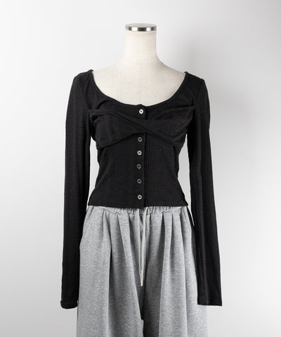 【 ３color 】フロントボタンオープンネックリブカットソートップス ／ front button open neck ribbed cutsew tops