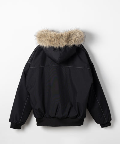 配色ステッチファーフード中綿オーバーブルゾン ／ stitch fur hood fake down over blouson