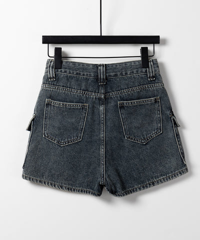 【 ３size ／ ２color 】ダブルポケットヴィンテージカーゴデニムミニスカパン ／ double pocket vintage cargo denim mini skirt pants