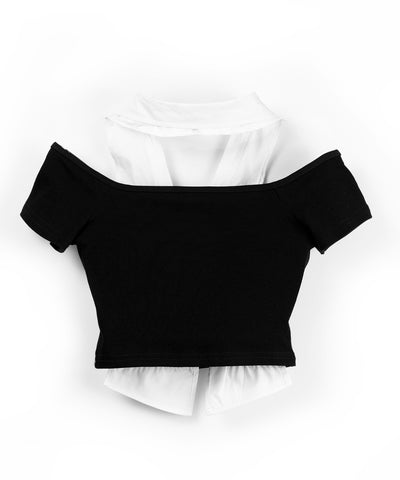 シャツレイヤードヘンリーネックカットアウトトップス ／ shirt layered henlyneck cutout tops