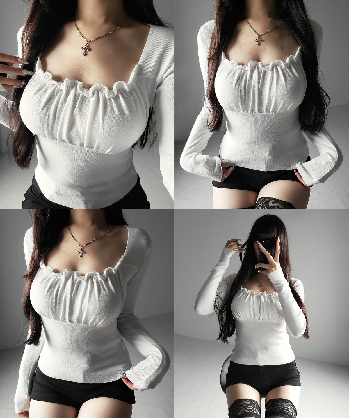 フリルギャザースクエアネック長袖ニットトップス ／ frill gather square neck longsleeve knit tops