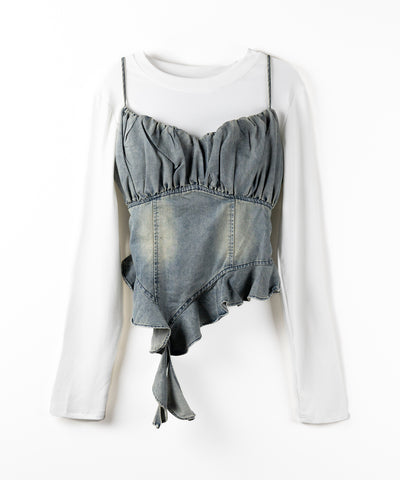 【 ２点セット 】ヴィンテージデニムビスチェ ＆ レイヤードＴシャツセット ／ vintage denim bustier & layered Ｔ-shirts set