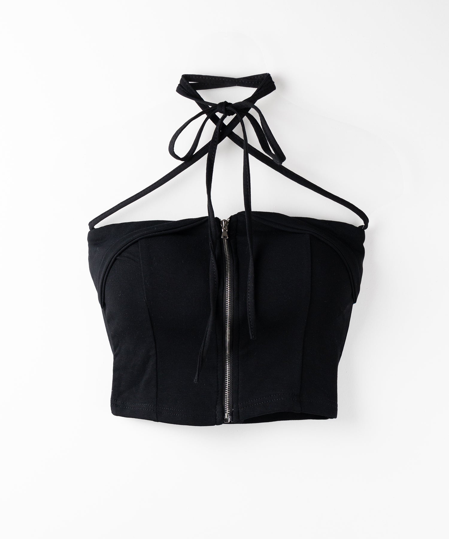 【 ２WAY／ カップ付 】ジップアップクロスストラップリボンベアトップス ／ zip up cross strap ribbon bare tops