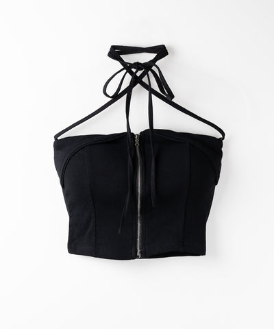 【 ２WAY／ カップ付 】ジップアップクロスストラップリボンベアトップス ／ zip up cross strap ribbon bare tops