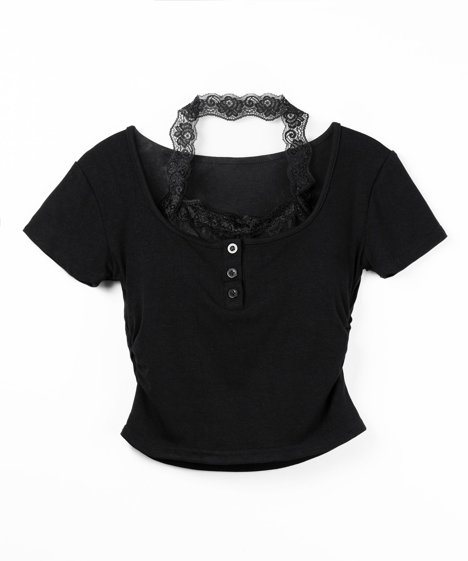 レースレイヤードホルターヘンリーネック半袖Ｔシャツ ／ lace layered halter henley neck short sleeve T-shirt