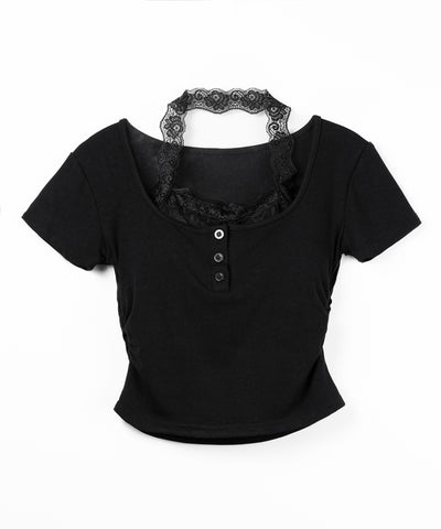 レースレイヤードホルターヘンリーネック半袖Ｔシャツ ／ lace layered halter henley neck short sleeve T-shirt
