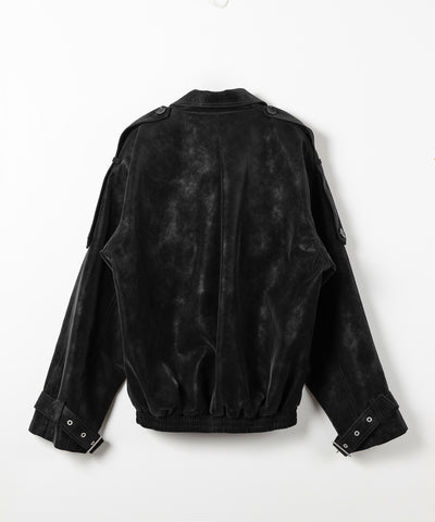 ヴィンテージフェイクレザーベルテッドジップアップオーバーブルゾン ／ Vintage fake leather belted zipup over blouson