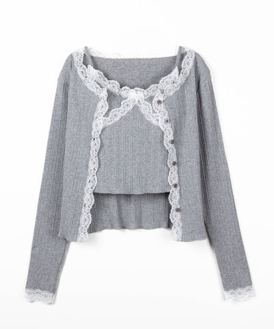 【 ２点セット 】レースドッキングリブキャミソール ＋ カーディガンセット ／ lace docking lib camisole + cardigan SET