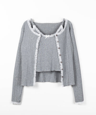 【 ２点セット 】フロントリボンレース切替リブキャミソール ＋ カーディガンセット ／front ribbon lace lib camisole + cardigan SET