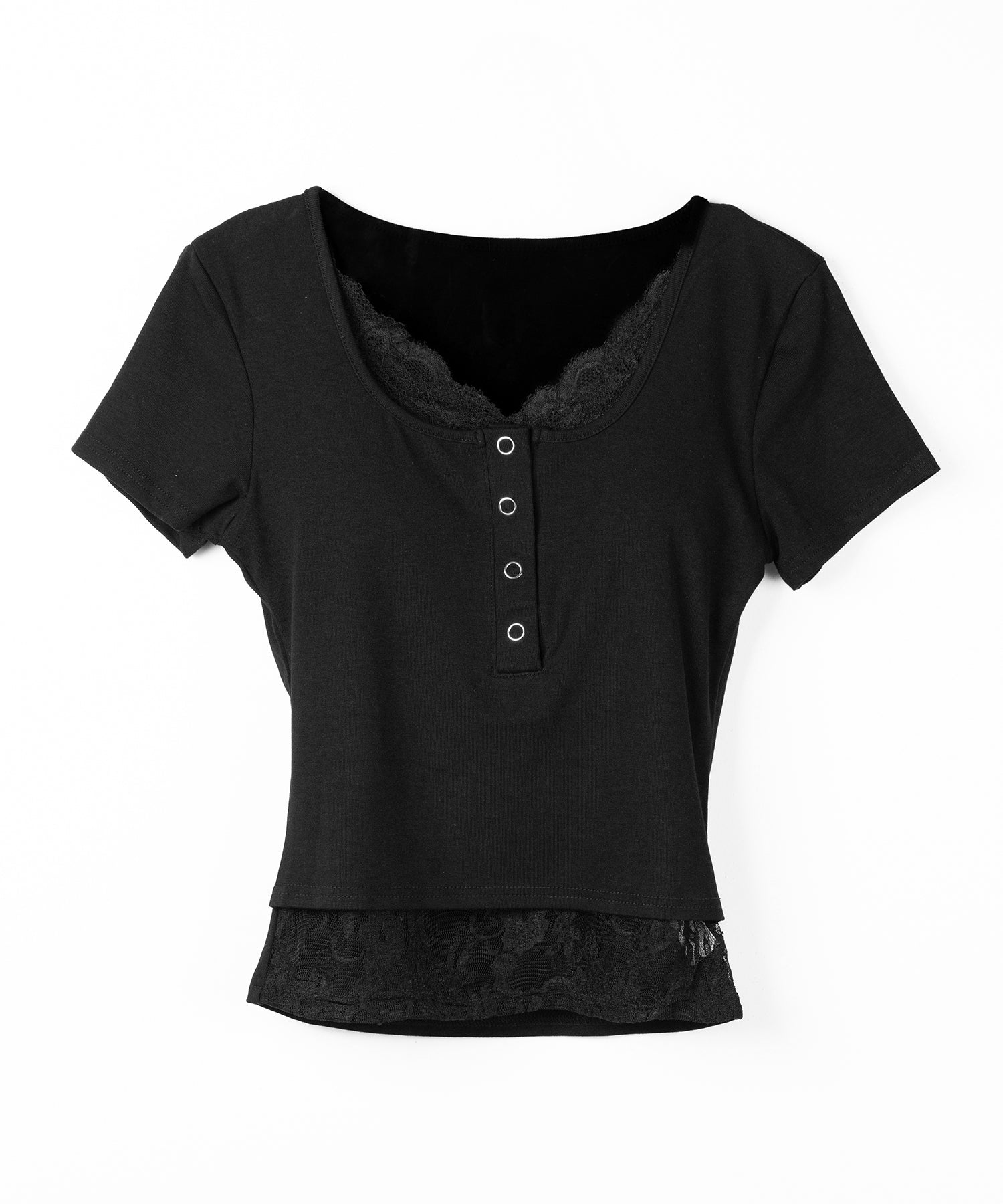 レースレイヤードヘンリーネックスクエア半袖Ｔシャツ ／ lace layered henley neck square short sleeve T-shirt