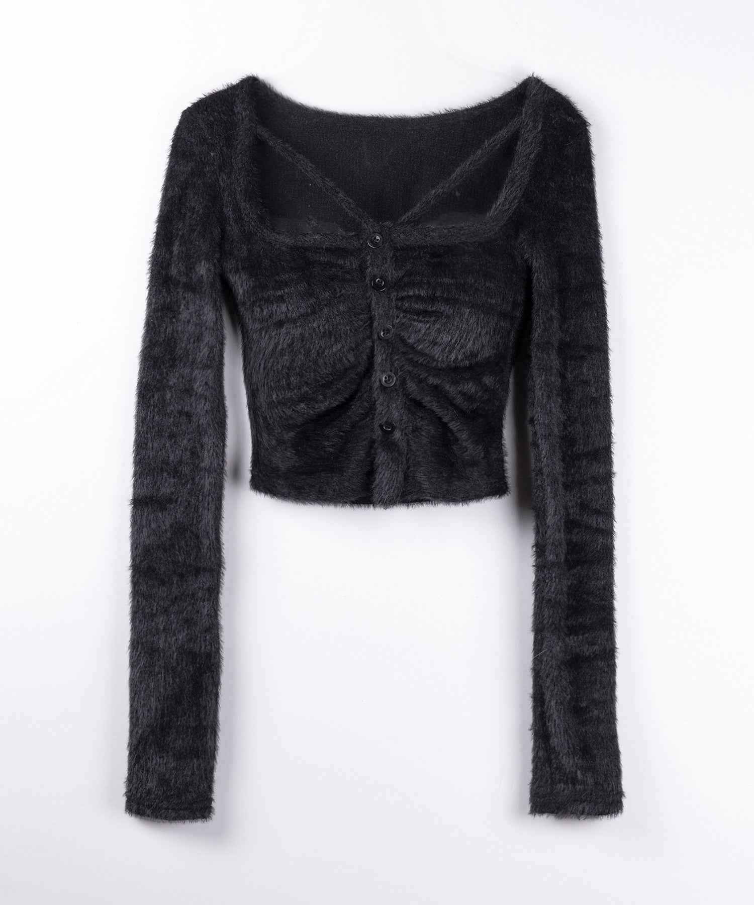 クロスストラップスクエアショートシャギーカーディガン ／ cross strap square short shaggy cardigan