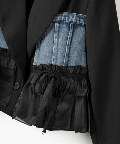 デニムフリルドッキングショートテーラードジャケット ／denim frill docking short tailored jacket