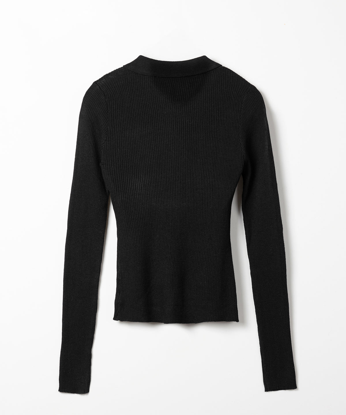 ワンポイント刺繍ポロカラースリムシアーリブニット ／ One-point embroidery polo collar slim sheer rib knit