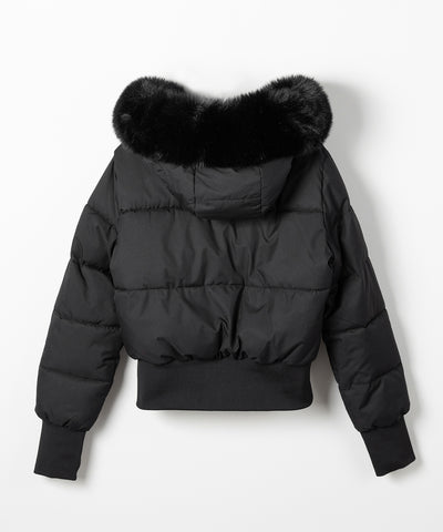 フェイクファーフード中綿ショートジャケット ／ fake fur hoodie fake down short jacket