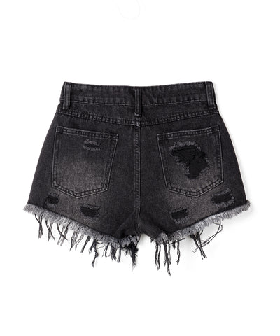 クラッシュダメージダブルフリンジデニムショートパンツ／crash damage double fringe denim short pants