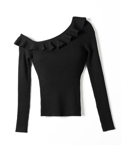 ワンショルフリルタイトリブニットトップス ／ one-shoulder frill tight rib knit tops