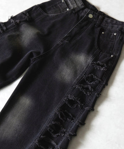 【 ４size 】ヘビークラッシュサイドダメージブラックヴィンテージデニム ／ heavy crush side damage black vintage denim