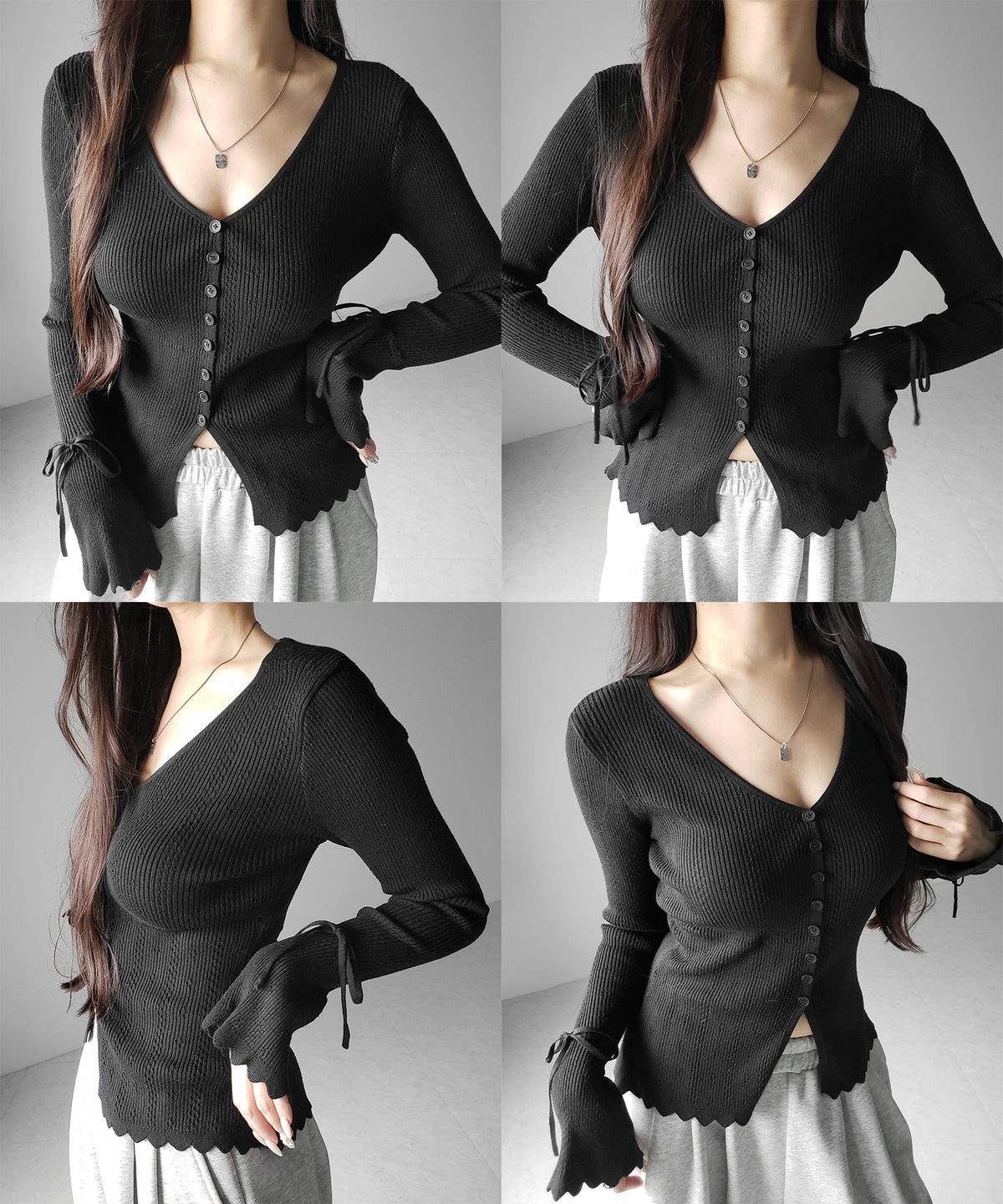 フレアリボンスリーブ透かし編みニットカーディガン ／ flare ribbon sleeve openwork knit cardigan