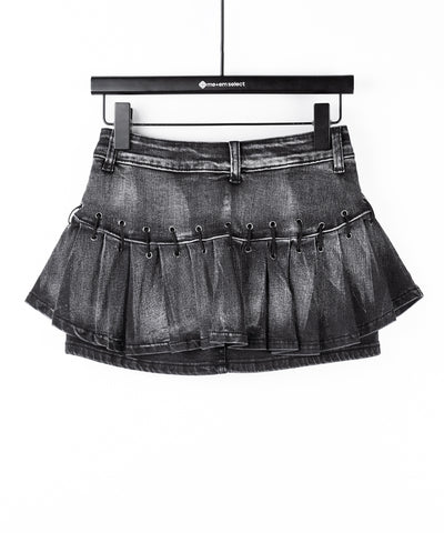 【 インパン裏地付 】ベルテッドマイクロプリーツデニムミニスカパン ／ belted micro pleats denim skirt pants