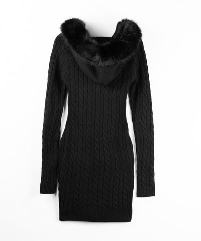 ファーフーディレースアップレディニットミニワンピース ／ fur hoodie lace up lady knit mini onepiece