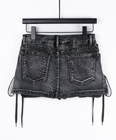 【 インパン裏地付き 】レースアップマイクロデニムミニスカパン ／ Lace-up micro denim mini skirt pants