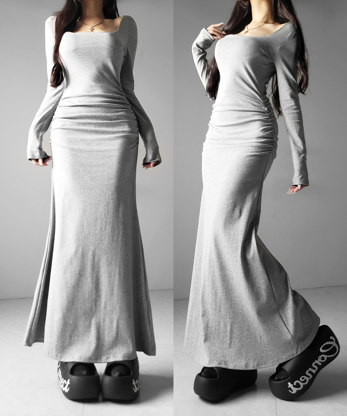 スクエアネックシャーリングマーメイド長袖ロングタイトワンピ ／ Square neck shirring mermaid long-sleeved long tight onepiece