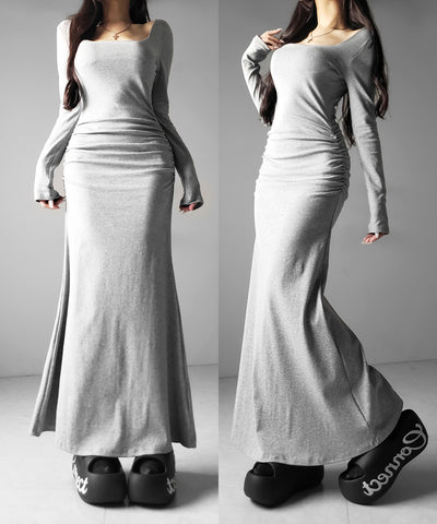 スクエアネックシャーリングマーメイド長袖ロングタイトワンピ ／ Square neck shirring mermaid long-sleeved long tight onepiece