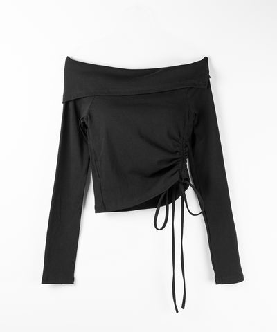 シャーリングリボンショートオフショルカットソートップス ／ shirring ribbon short off shoulder cutsew tops