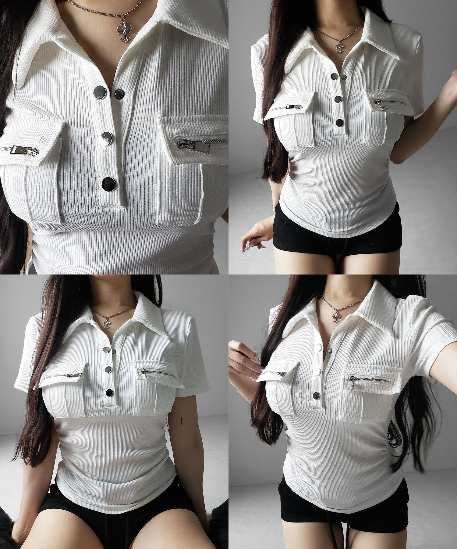 アウトポケットポロネックリブカットソートップス ／ out pocket polo neck rib cutsew tops