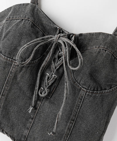 【 ２color 】レースアップリボンコルセットデニムビスチェ ／ lace up ribbon corset denim bustier